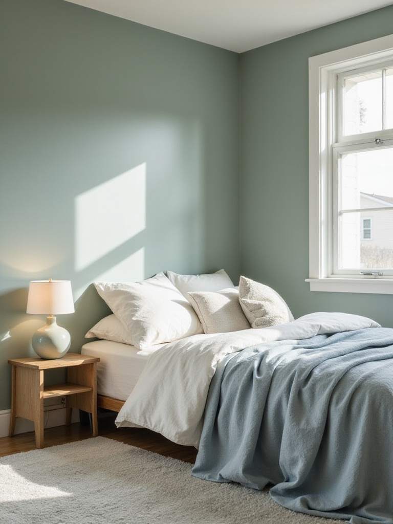 A serene bedroom decorated in a calming color palette of soft sage green, muted blue, and off-white, featuring layered bedding and natural light.