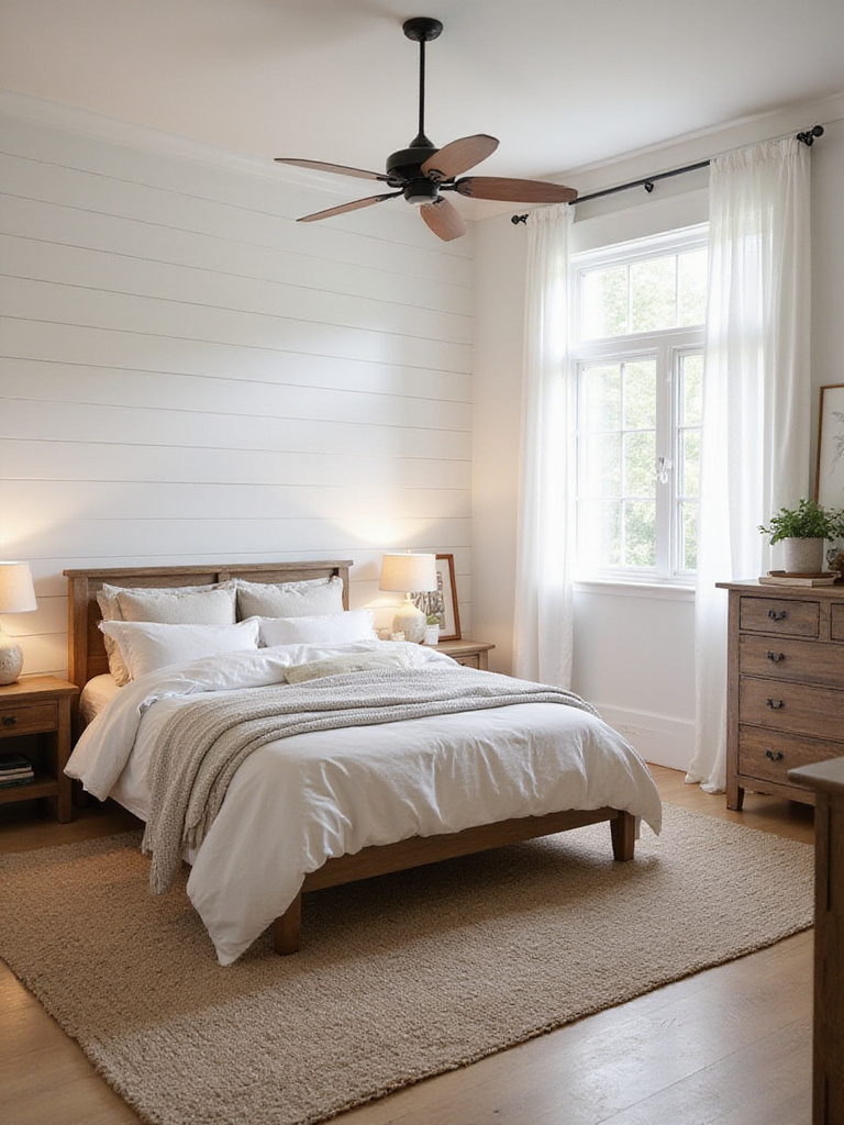 Cozy farmhouse bedroom with white horizontal shiplap accent wall behind a bed with neutral linens.