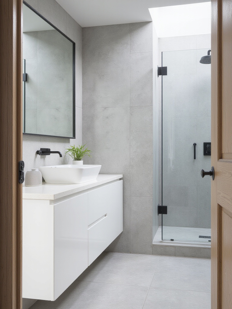 Modern minimalist bathroom with floating white vanity, large mirror, and concrete-look tiles, emphasizing clean lines and simplicity.