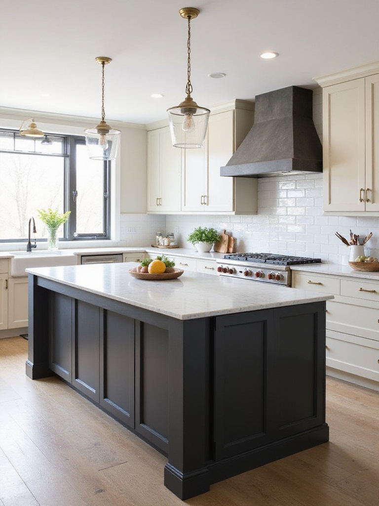 Dark charcoal gray kitchen island with white marble countertop in a modern kitchen