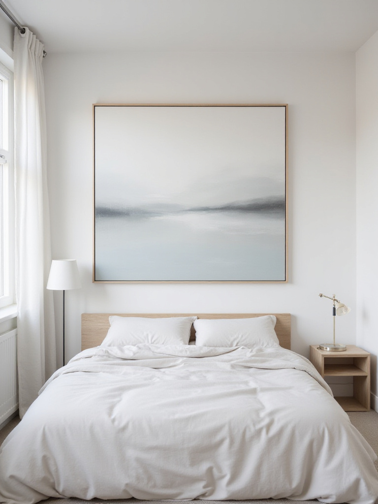 A serene bedroom with a large minimalist abstract painting featuring soft neutral colors hanging above the bed.