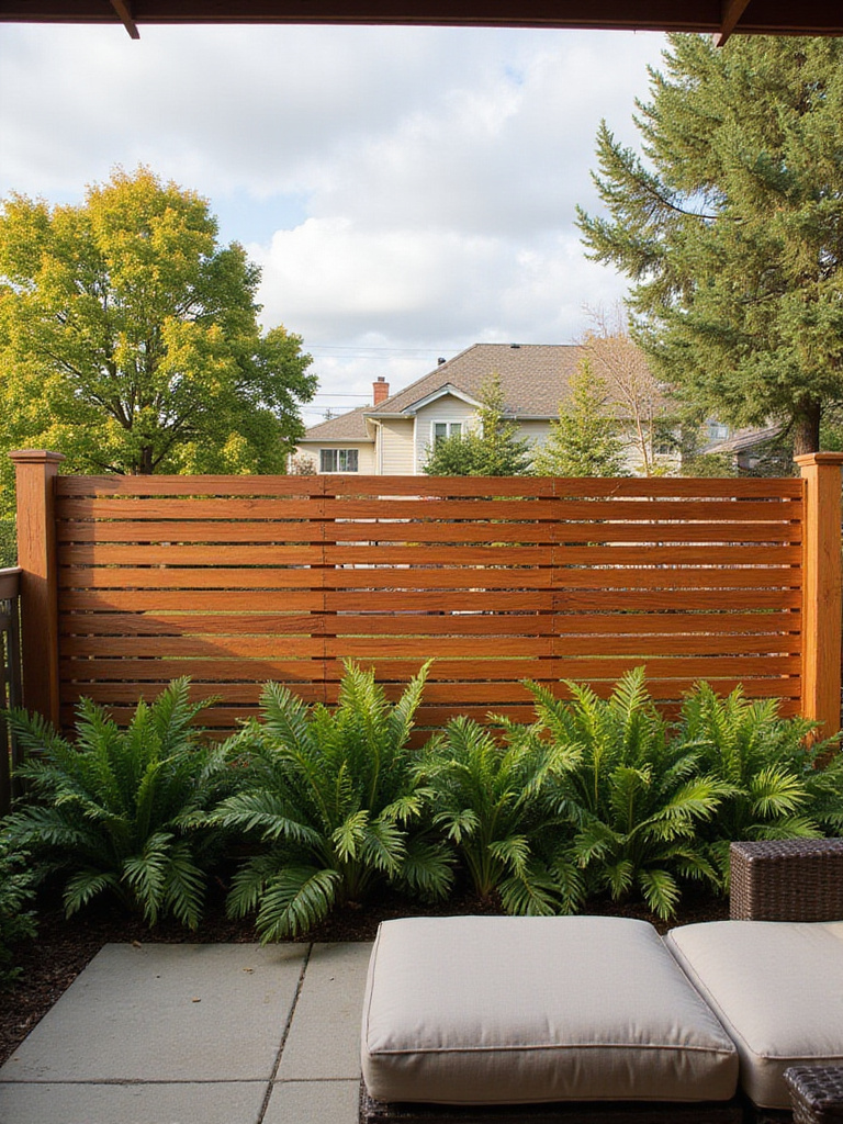 Backyard with modern cedar slat privacy screen and comfortable seating area