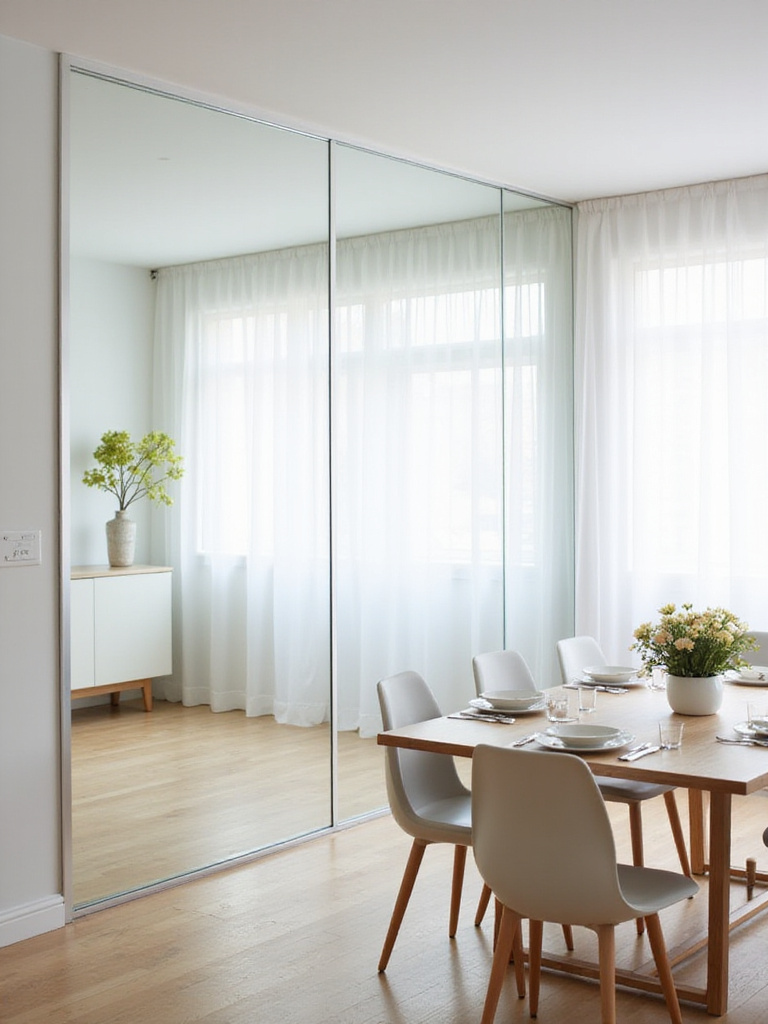 Dining room with large mirror enhancing light and space