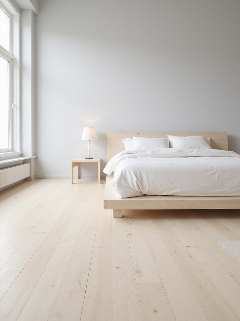 Minimalist bedroom with completely clear light wood floor.