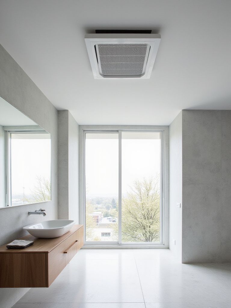 Modern bathroom interior showcasing proper ventilation with an integrated exhaust fan and natural light.