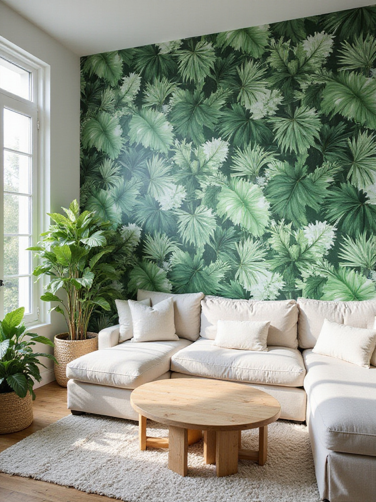 Living room accent wall featuring lush green tropical leaf print wallpaper, with light-colored sofa, natural wood coffee table, and potted plants, creating a vibrant tropical escape.
