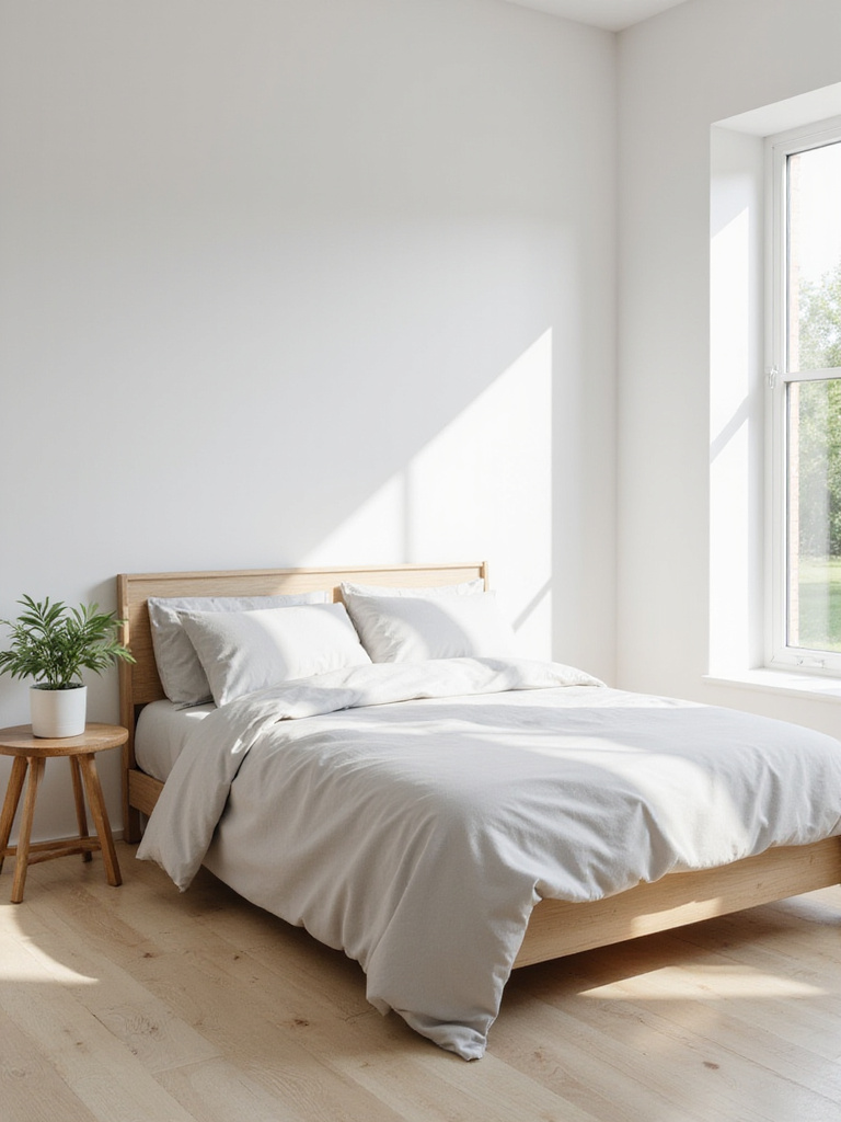 Clean and tidy minimalist bedroom with made bed and natural light