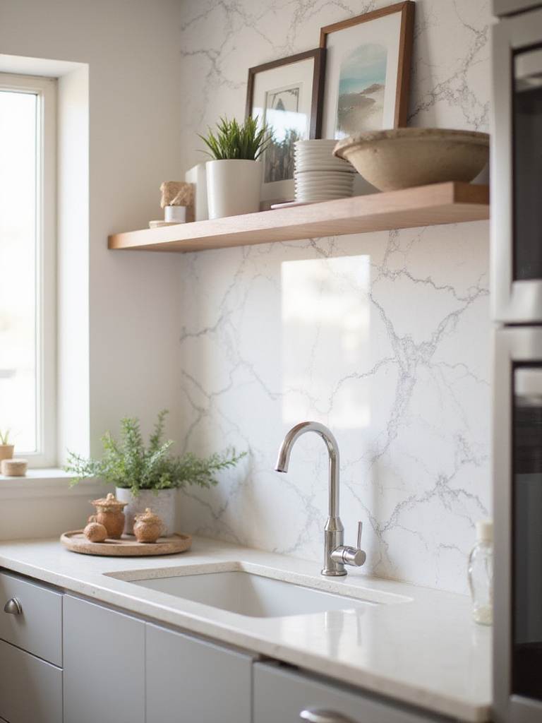 Modern kitchen with marble-patterned removable wallpaper and bright decor
