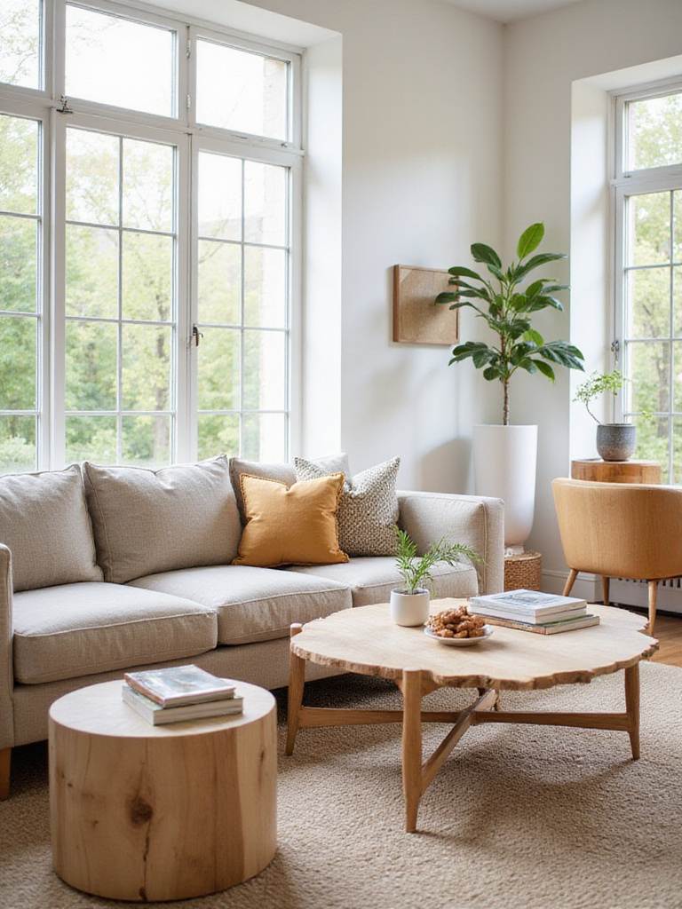 Contemporary living room with sustainable furniture: FSC wood coffee table, organic fabric sofa, natural light. Eco-friendly home decor.