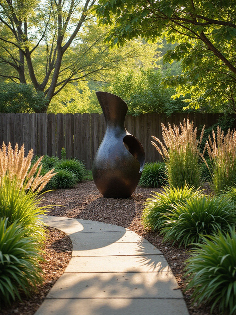 Modern abstract metal sculpture placed as a focal point in a lush green backyard garden with a stone path.