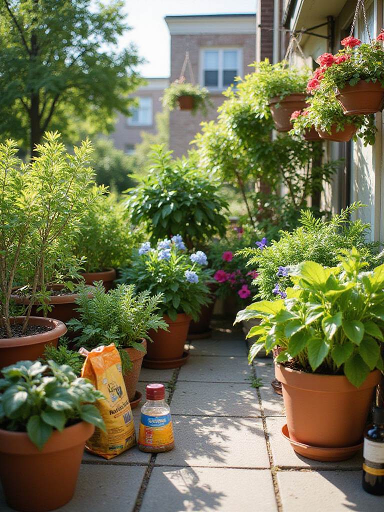 A vibrant patio filled with lush container plants in assorted pots, with fertilizer products visible nearby, illustrating healthy plant growth from proper feeding.