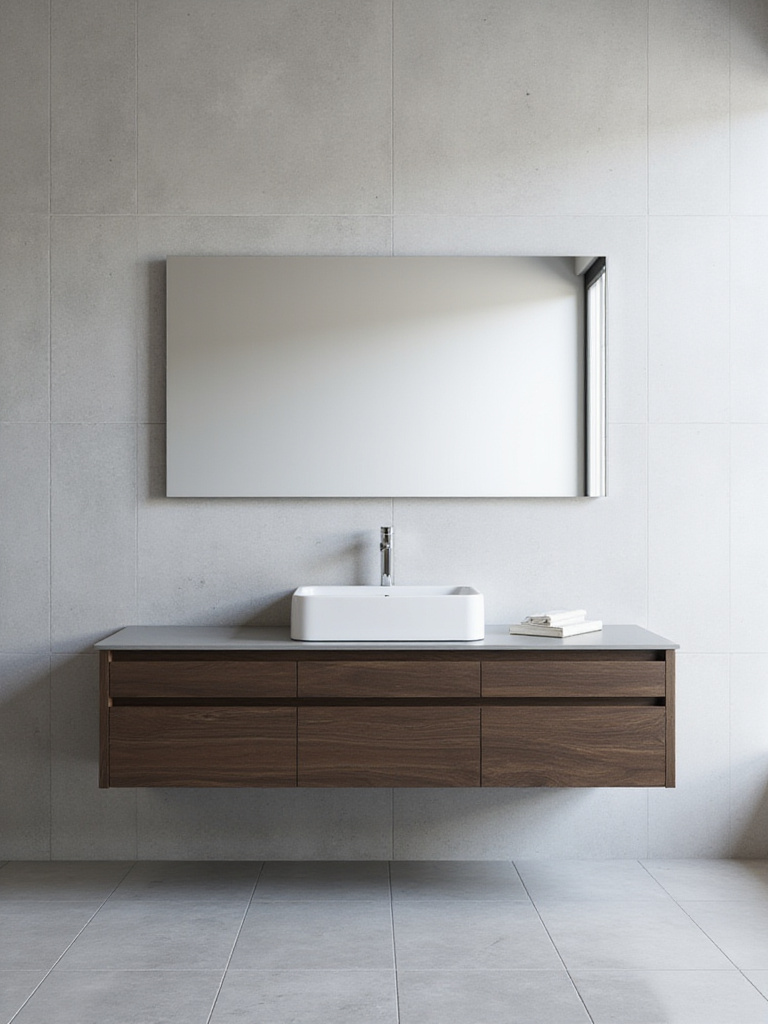 Modern bathroom with a dark wood floating vanity, white vessel sink, and large frameless mirror, showcasing a seamless, minimalist design.