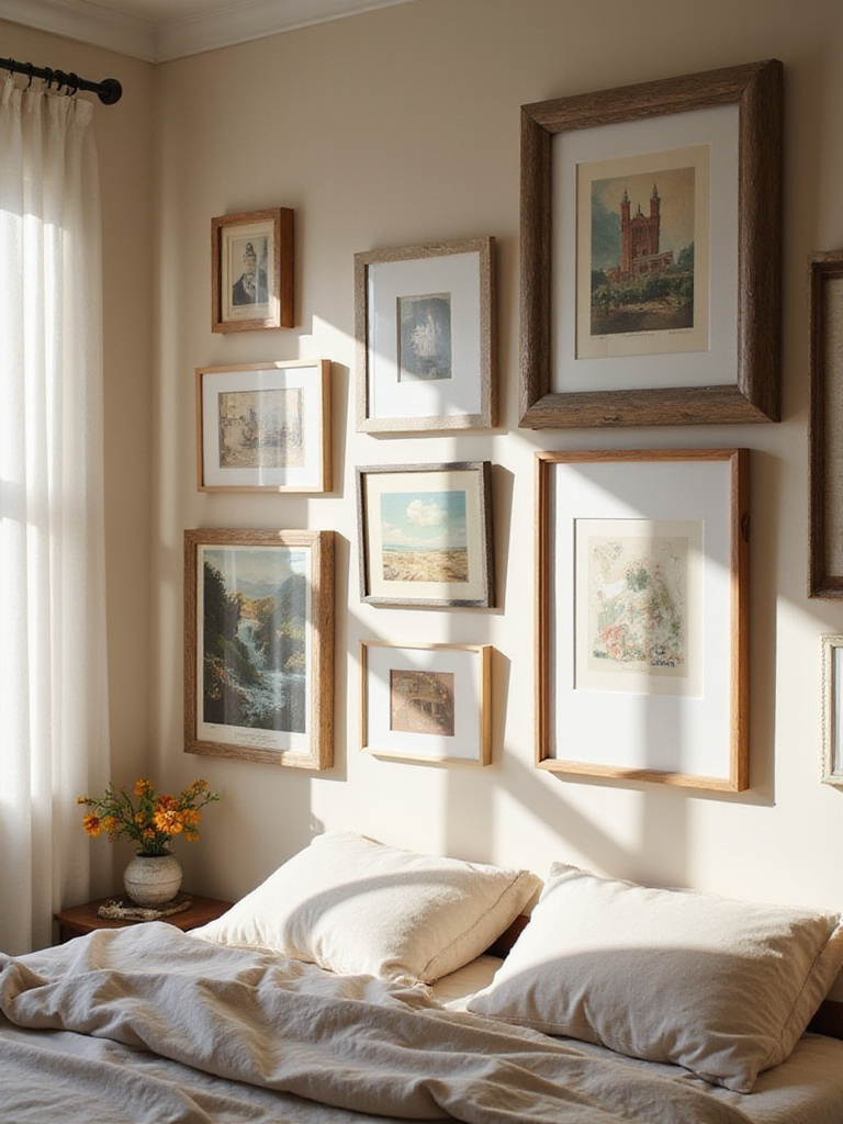 A bedroom wall featuring a gallery of framed posters in various sizes and frame styles, including some with wide mats, adding a stylish touch to the space.