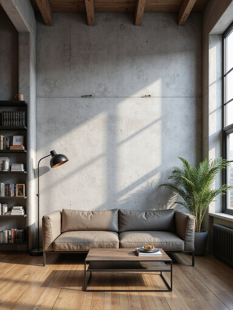 Industrial style living room featuring a textured concrete effect wallpaper on a main wall, paired with a modern sofa, metal shelving, and warm lighting.