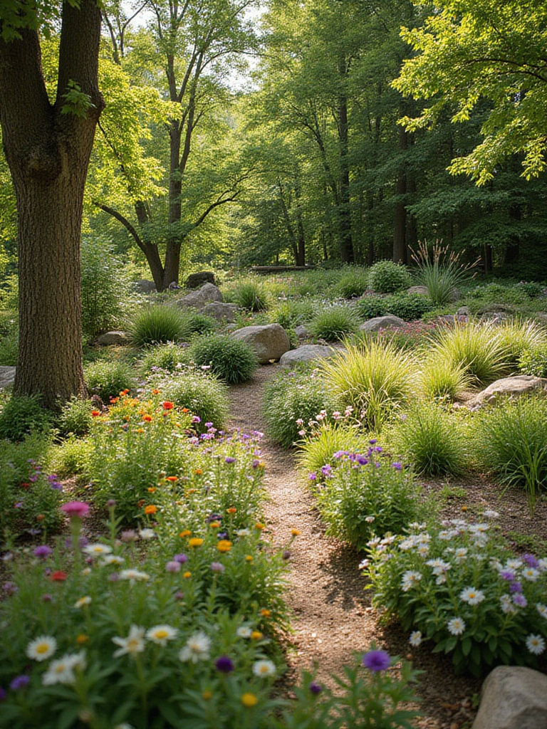 Low-maintenance native plant garden with wildflowers, grasses, and shrubs
