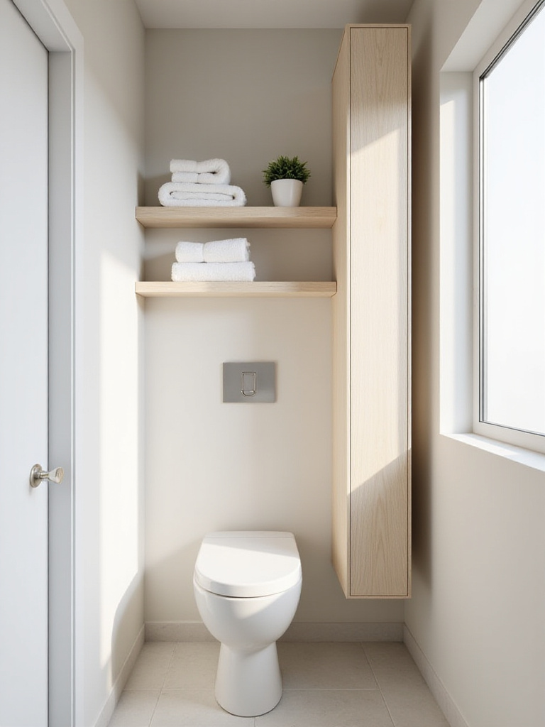 Small bathroom interior featuring wall-mounted storage solutions including a mirrored cabinet and floating shelves.