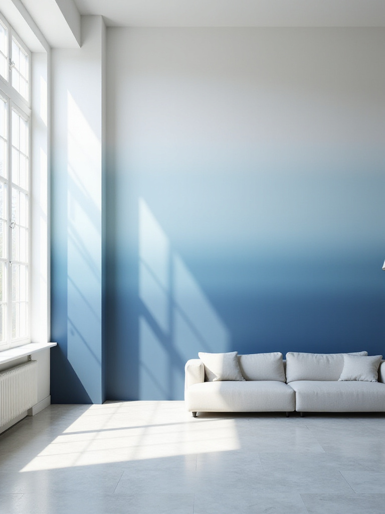 Living room wall featuring a vertical ombre wallpaper gradient from deep navy blue to soft white.