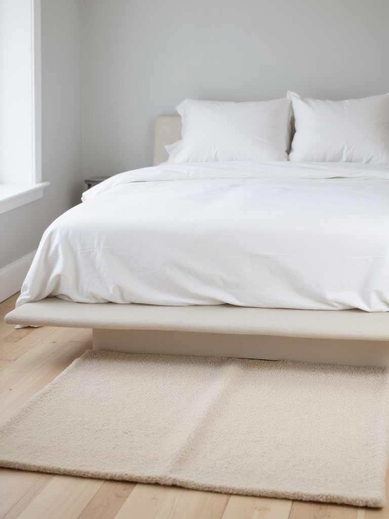 Minimalist bedroom with platform bed and large beige wool rug partially underneath.
