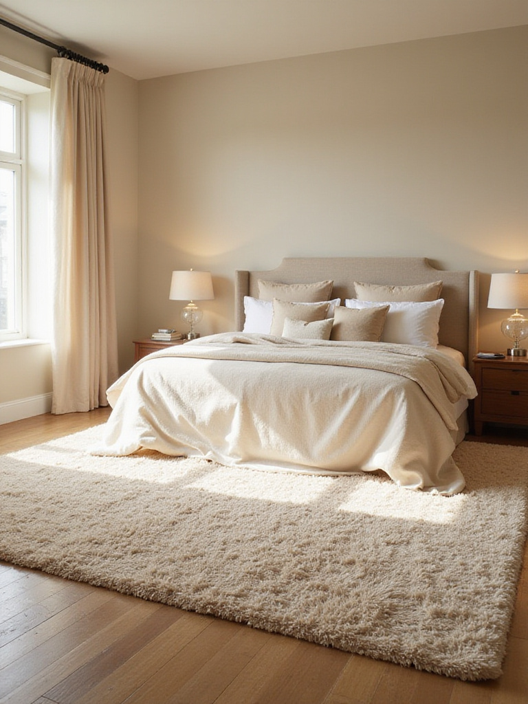 Beige bedroom with a large, grounding beige area rug under a king-size bed.