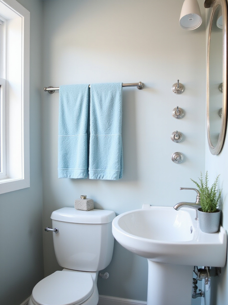Small bathroom interior with towels hung high on a towel rail and decorative hooks.