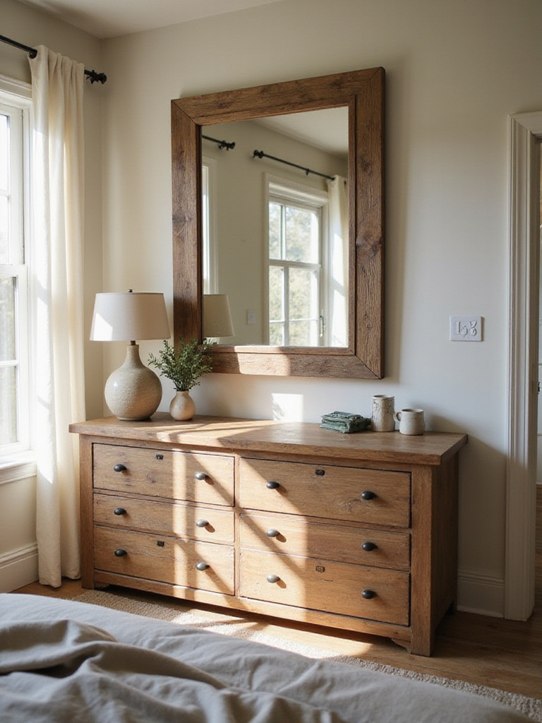 A large, distressed wood-framed mirror hanging above a rustic dresser in a cozy farmhouse bedroom.