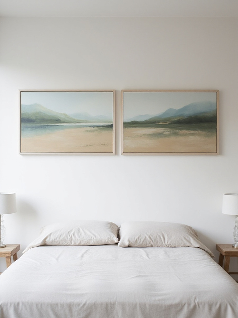 Large diptych artwork featuring an abstract landscape hung horizontally above a bed in a calm bedroom.
