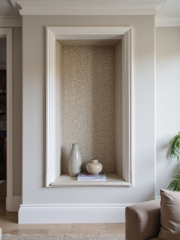 Living room wall with a built-in niche featuring decorative wallpaper, showcasing a stylish way to highlight architectural details.