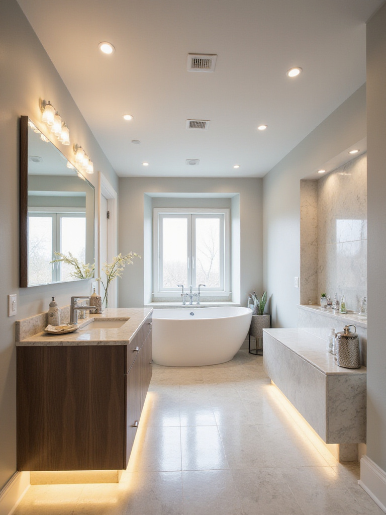 Modern bathroom with layered lighting featuring recessed lights, sconces, and under-vanity LED strips.