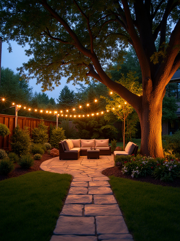 Backyard landscape at dusk with strategic lighting highlighting trees, pathways, and patio.