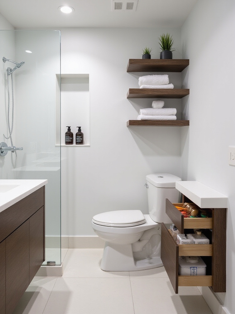 Modern bathroom featuring built-in shower niche, vanity with pull-out organizers, and floating shelves for smart storage.