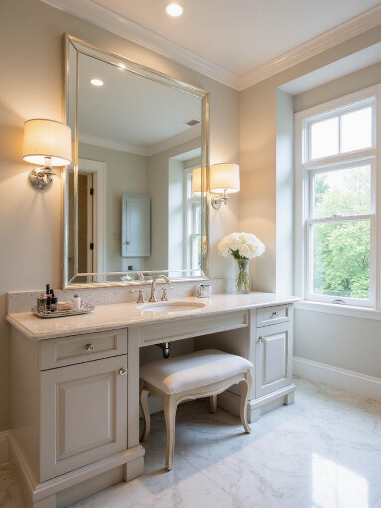 A dedicated makeup and grooming area in a luxurious dream bathroom, featuring a built-in vanity with drawers, a comfortable stool, a large illuminated mirror with sconces, and organized cosmetics on the countertop.