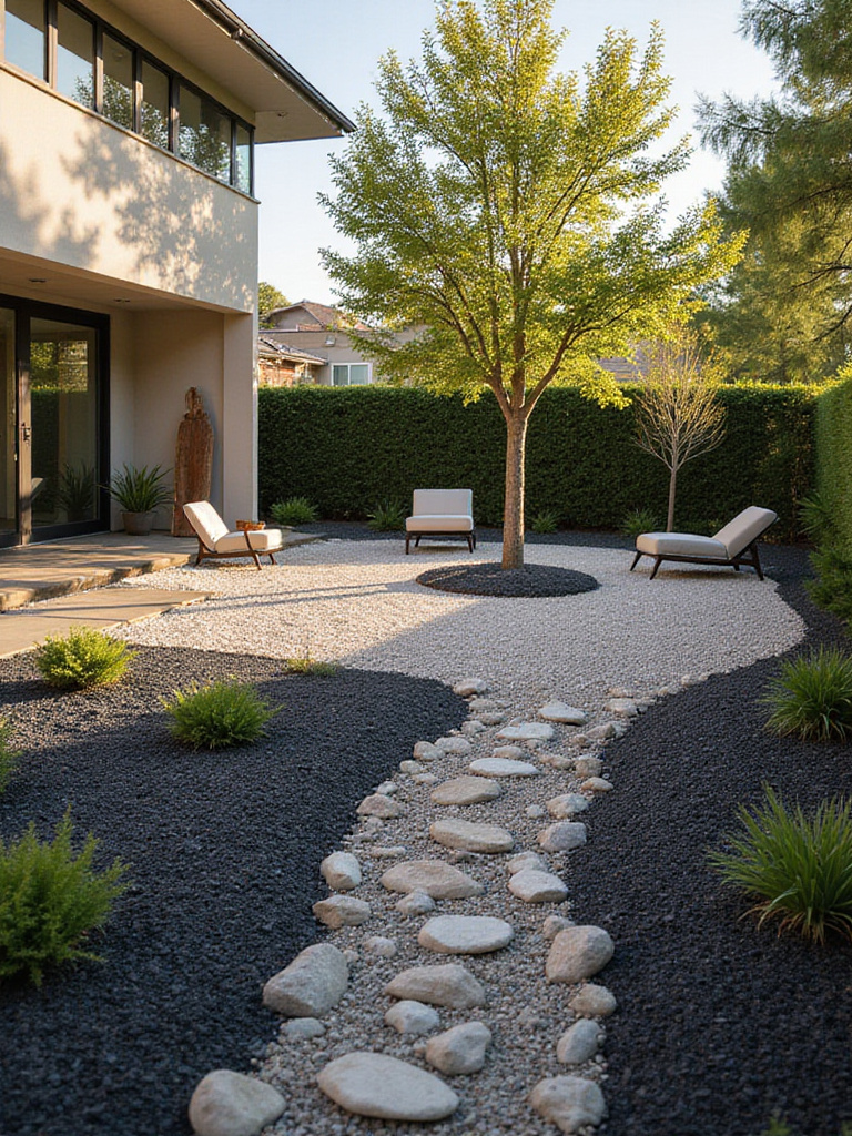 Low maintenance backyard with gravel patio and dry creek bed.