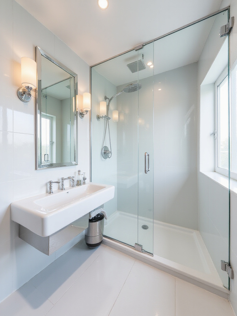 Small bathroom interior with reflective surfaces creating a spacious feel