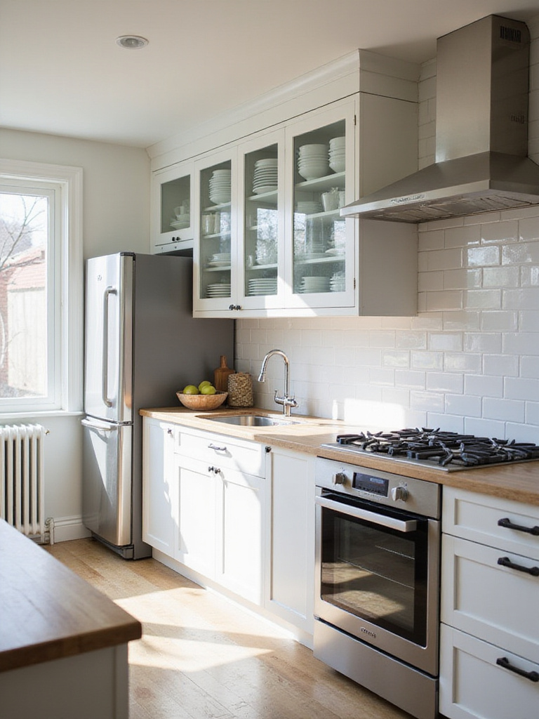 A small kitchen featuring design elements that use reflective surfaces to enhance the space, including a glossy white subway tile backsplash, stainless steel appliances, and glass-front upper cabinets.