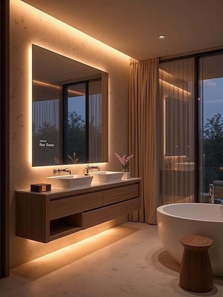 Modern bathroom featuring smart mood lighting integrated into the ceiling and mirror, with a visible smart speaker on the counter.
