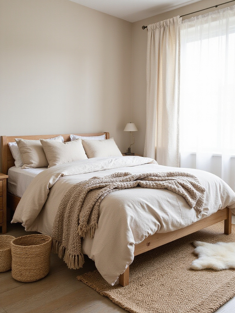 Beige bedroom with layered textures including linen bedding, jute rug, and chunky knit throw.