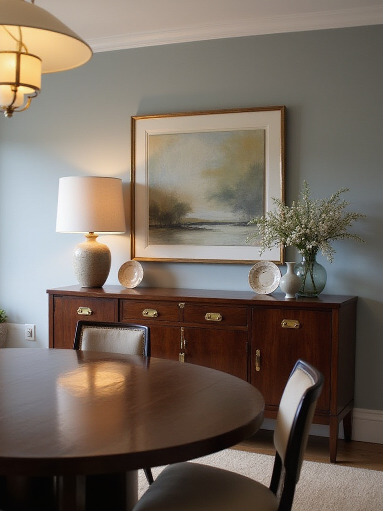 Modern dining room featuring a dark wood sideboard with decorative accessories.