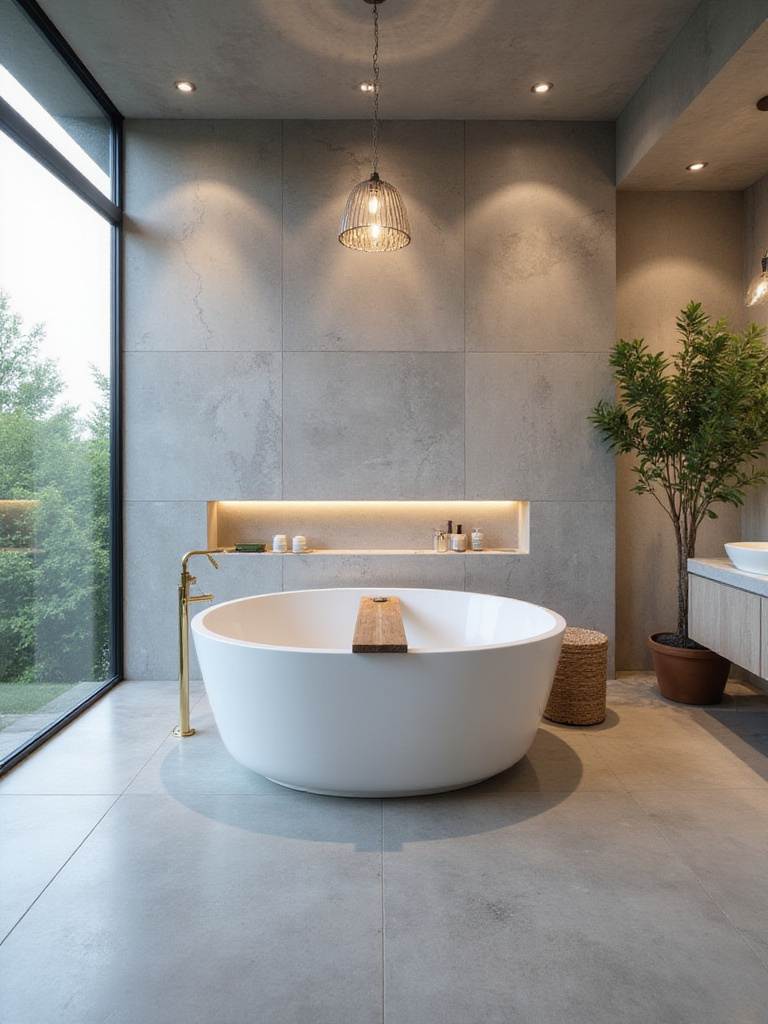 A luxurious modern bathroom featuring a large white freestanding soaking tub centered on a polished concrete floor, with a marble feature wall and a large window overlooking greenery, creating a spa-like oasis.