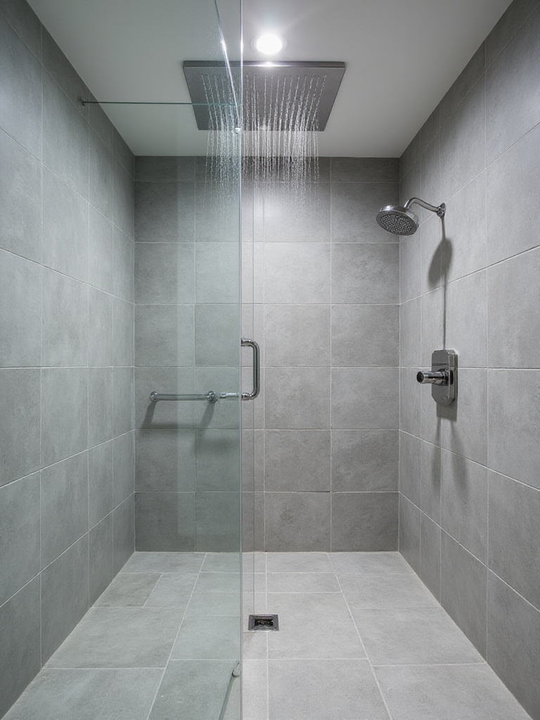 Modern bathroom with a large square rain shower head and grey tile