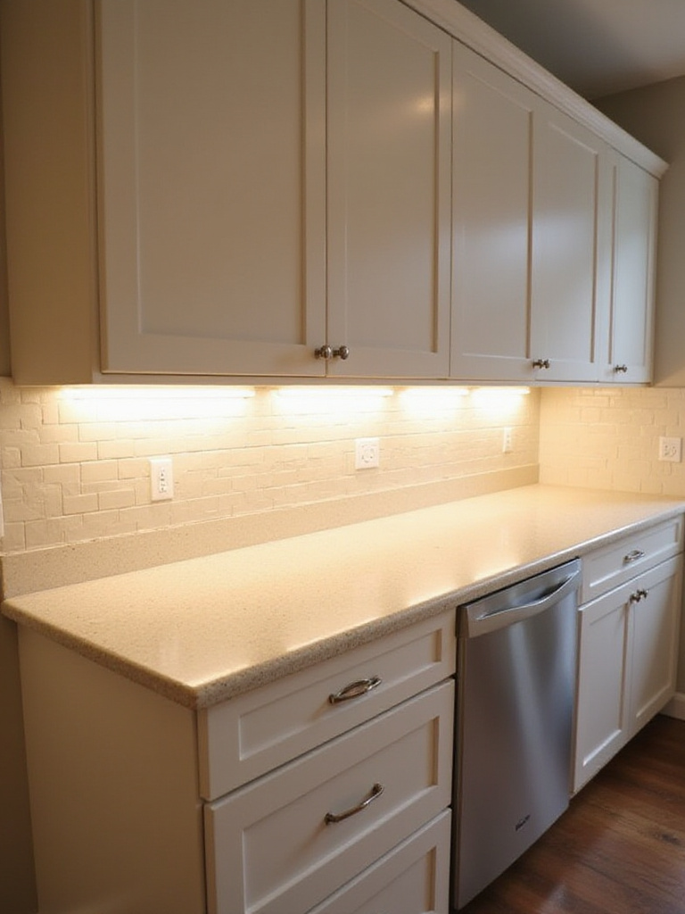 Under-cabinet LED strip lighting illuminates a small kitchen countertop and subway tile backsplash, enhancing task visibility and making the space feel larger and more inviting.
