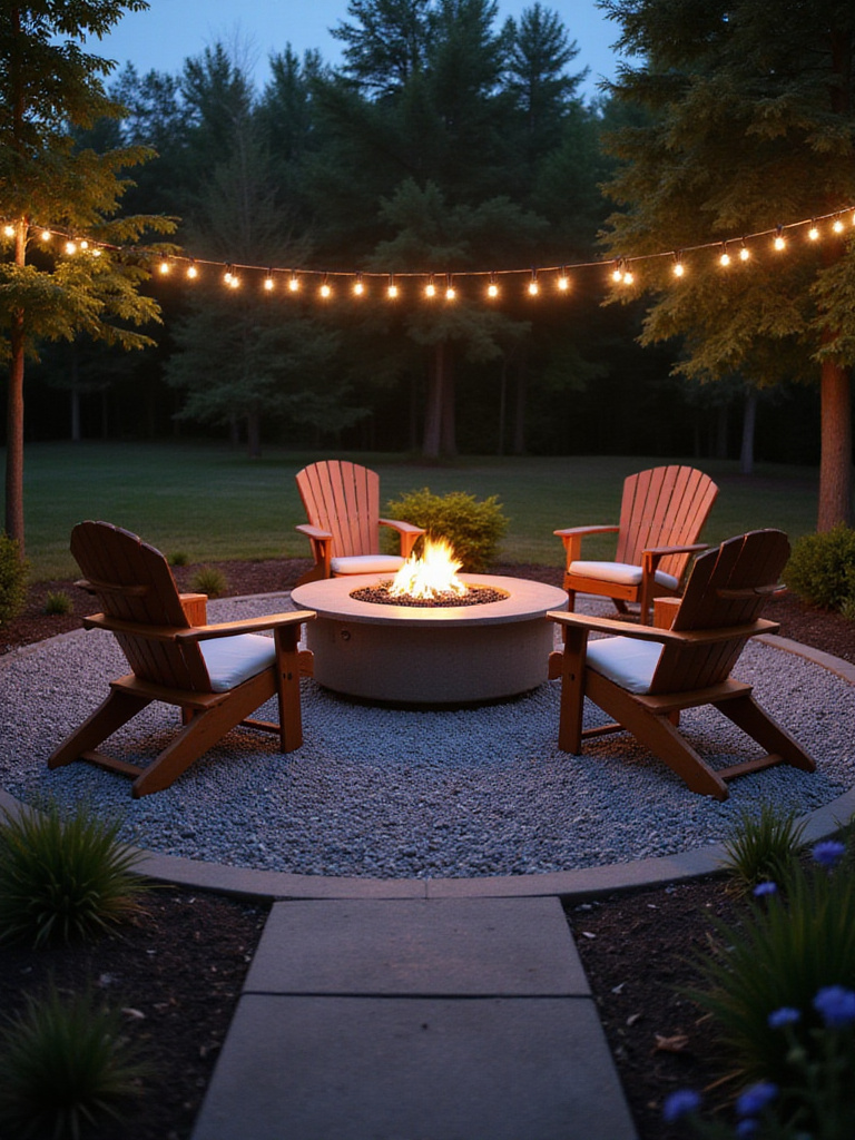 Cozy fire pit gathering spot with Adirondack chairs and string lights