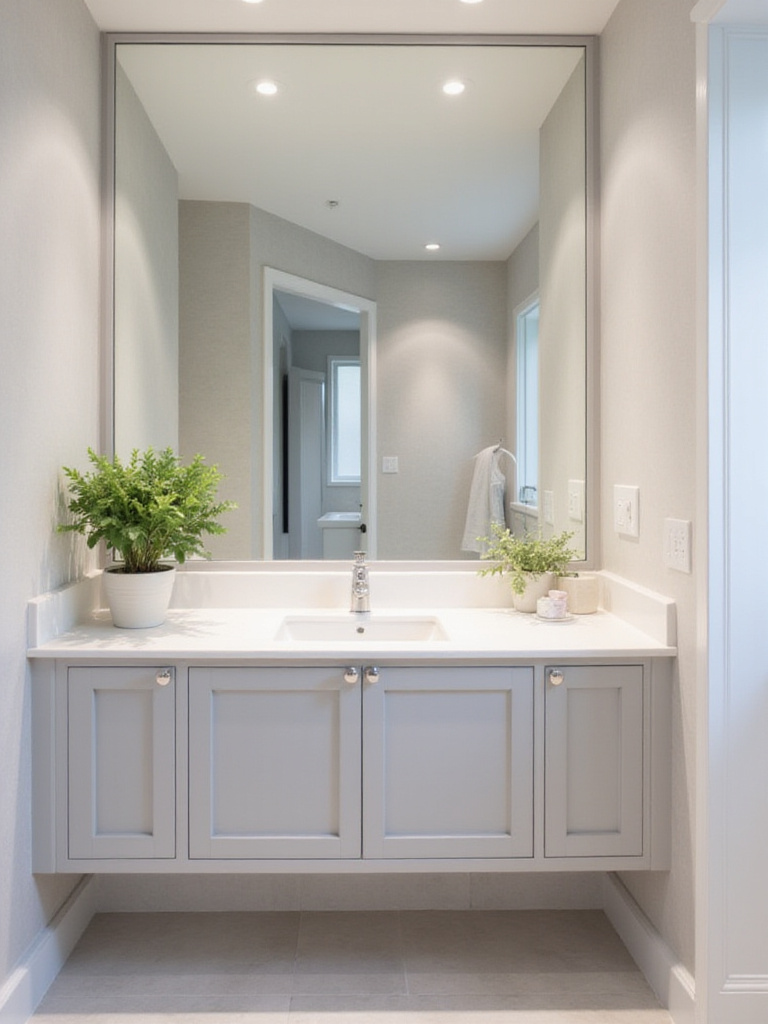 Small bathroom with large frameless mirror above vanity, creating the illusion of more space.