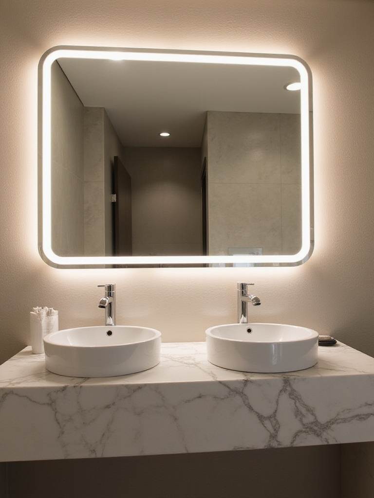 A modern bathroom vanity featuring a large smart mirror with integrated LED lighting and a clear, defogged surface above a marble countertop and double sinks.