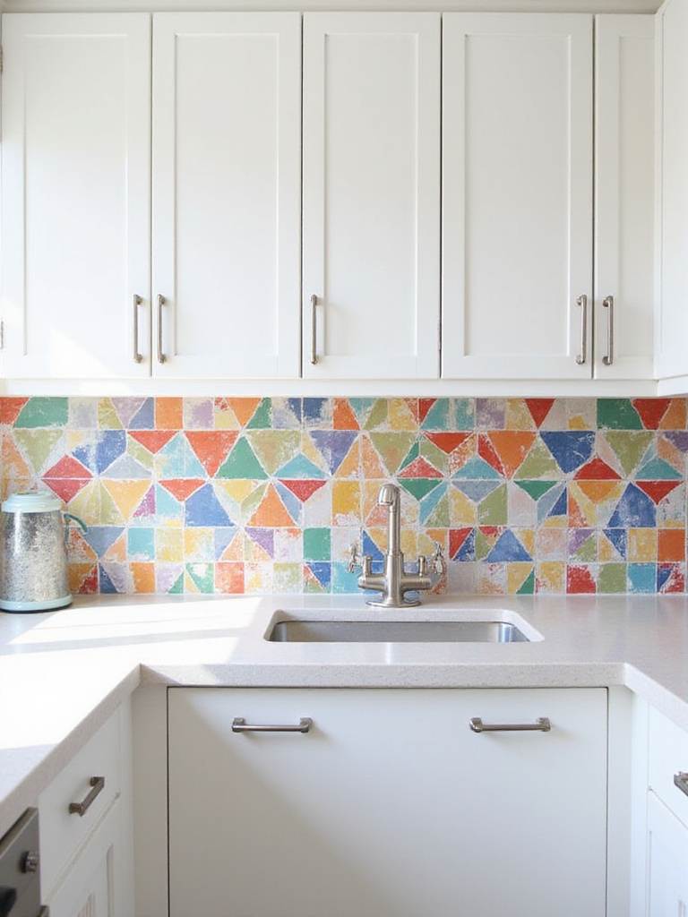 Stylish kitchen backsplash featuring colorful geometric pattern tiles above a light quartz countertop and below white cabinets.