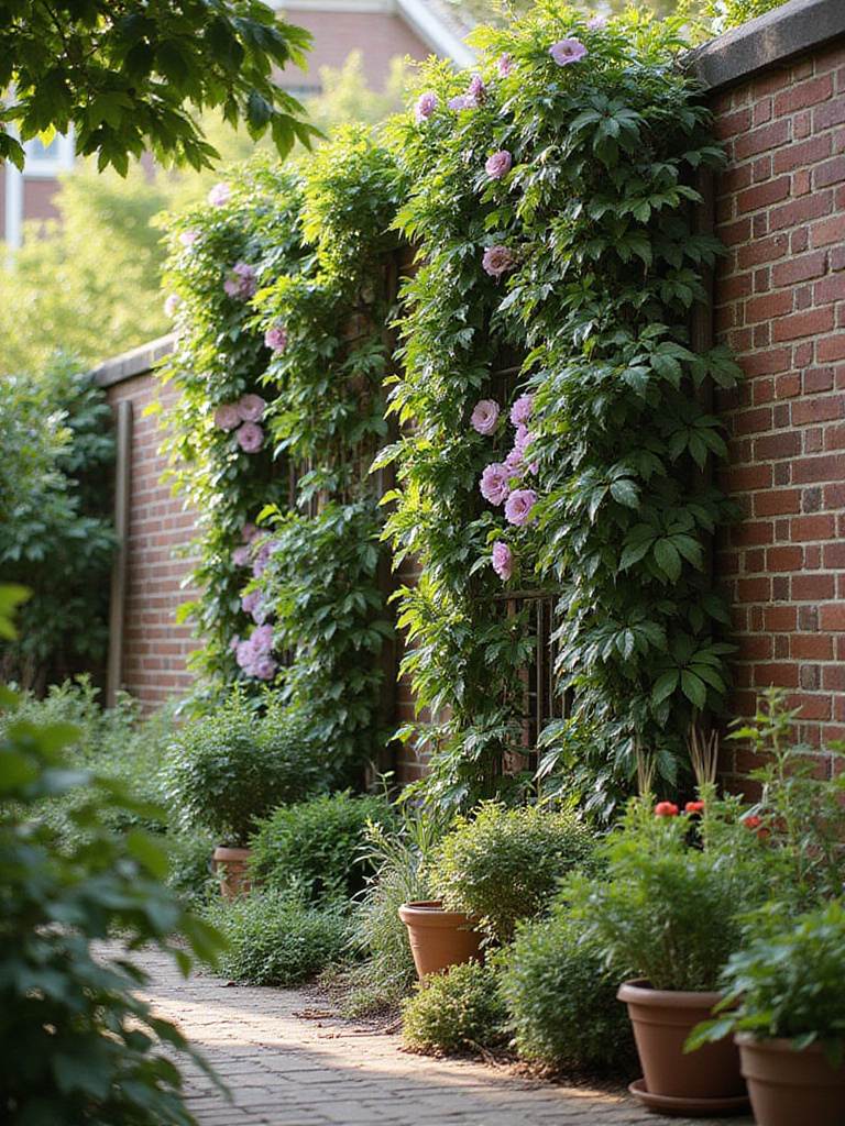 A vibrant vertical garden with climbing plants on a brick wall in a backyard setting.