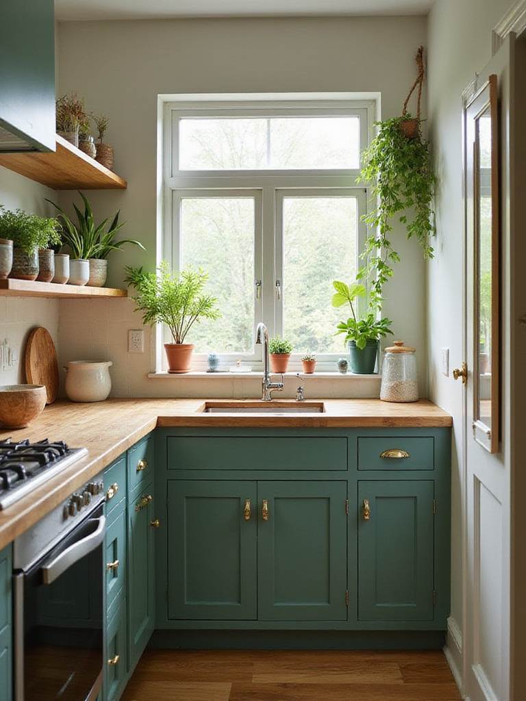 A stylish kitchen with green cabinets, natural wood elements, and plants for a biophilic design.