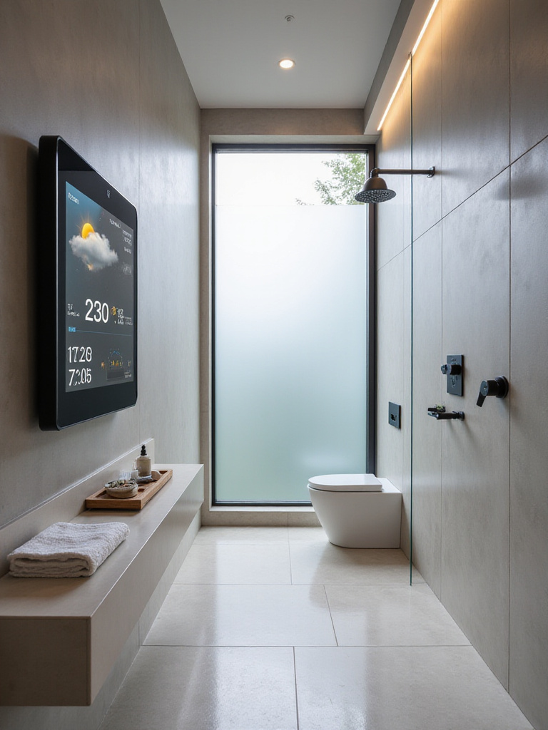 Modern bathroom interior featuring a smart mirror and digital shower controls