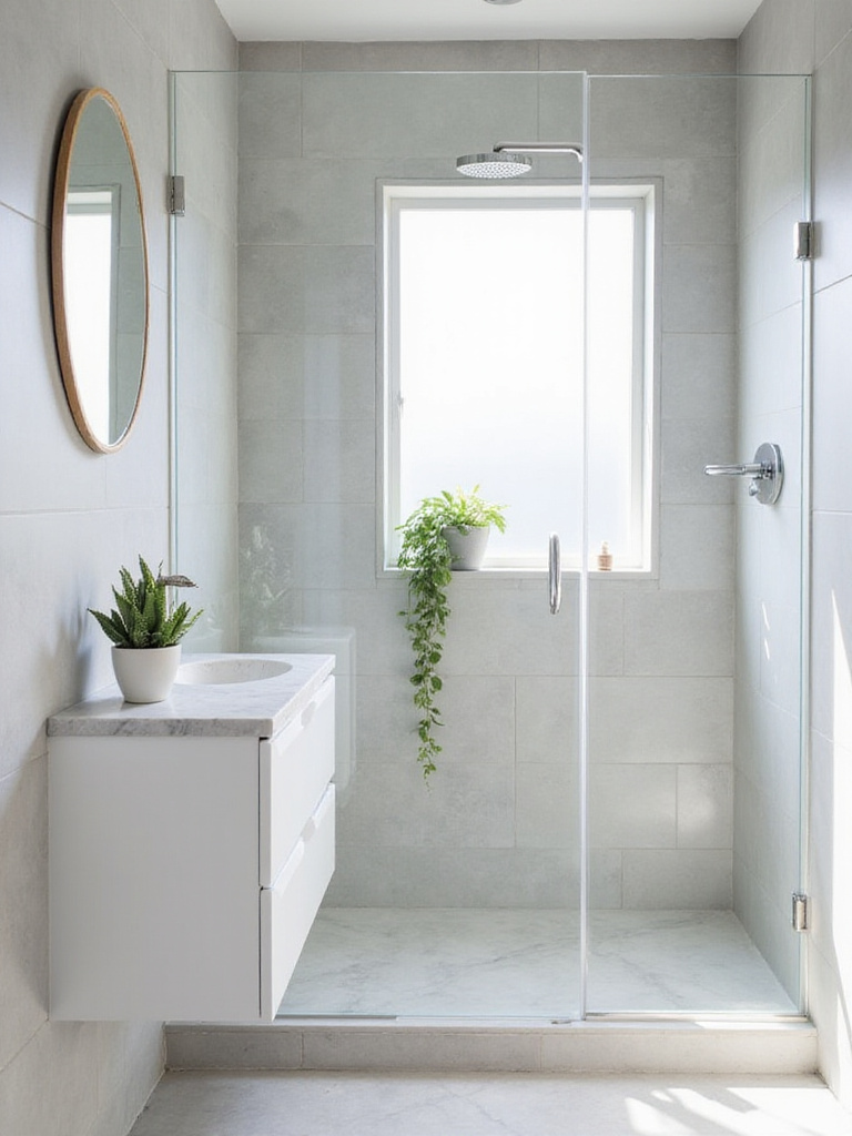 Small bathroom interior with snake plant and pothos, creating a spa-like atmosphere.