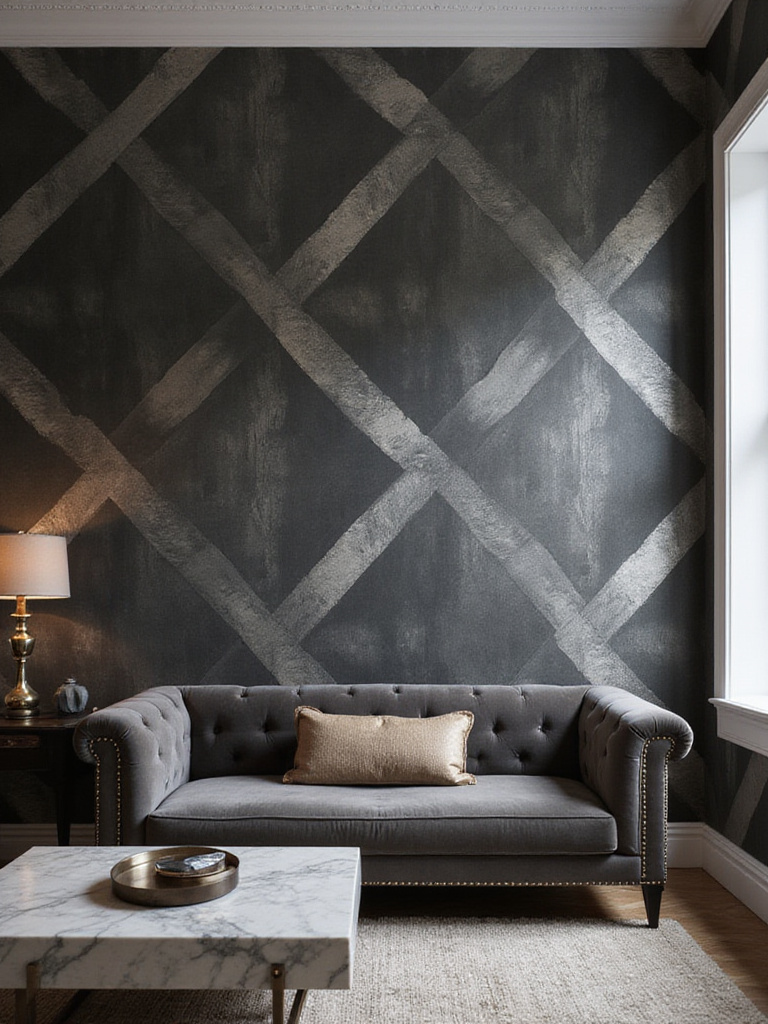 Living room accent wall showcasing luxurious charcoal grey wallpaper with silver metallic geometric pattern.