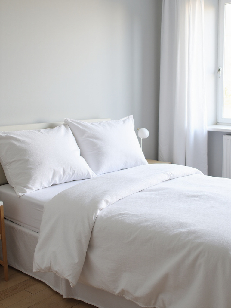 Minimalist bedroom featuring crisp white linen bedding with a subtle waffle weave texture.